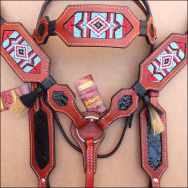 HILASON WESTERN LEATHER BREAST COLLAR HEADSTALL MAHOGANY BEADED HAIR TASSEL