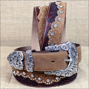 34 inch C50499 TONY LAMA BROWN KAITLYN CRYSTAL WESTERN LEATHER LADIES BELT