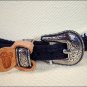 JUSTIN FENCED IN BLACK LEATHER HAT BAND W/ STRING OVERLAY SILVER BUCKLE
