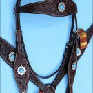 F42 HILASON WESTERN LEATHER HORSE HEADSTALL BREAST COLLAR BROWN TURQUOISE CONCHO