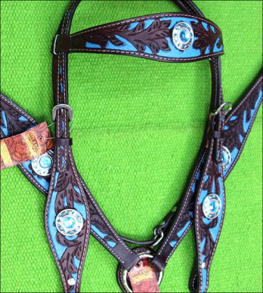 F06 HILASON WESTERN LEATHER HORSE HEADSTALL BREAST COLLAR BROWN TURQUOISE CONCHO