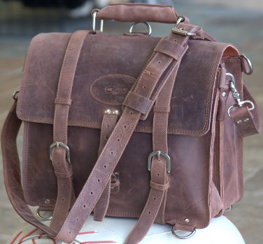 GLANOR TOUGH RUSTIC CHESTNUT BROWN VINTAGE LEATHER BRIEFCASE BACKPACK LAPTOP BAG