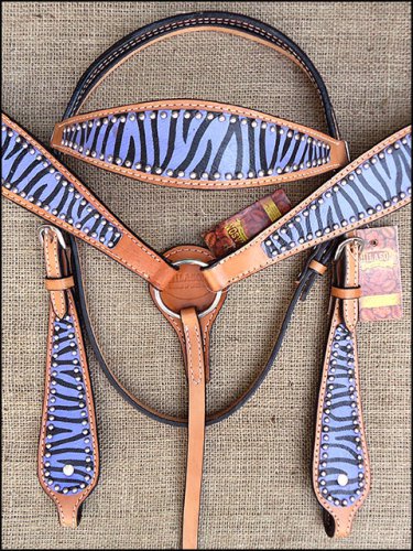 HILASON WESTERN LEATHER HORSE BRIDLE HEADSTALL BREAST COLLAR PURPLE ZEBRA
