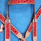 HILASON WESTERN LEATHER HORSE HEADSTALL BREAST COLLAR TAN RED BLACK DOTS