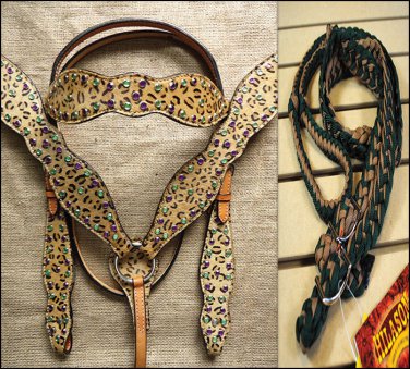 HILASON WESTERN LEATHER HORSE HEADSTALL BRIDLE BREAST COLLAR REINS CHEETAH PRINT