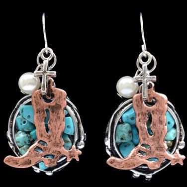 3D JUSTIN COPPER TONE BOOT LADIES NICKEL FREE WOMAN EARRINGS W/ SILVER HOOKS