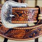 34in. TONY LAMA FLORAL HAND TOOLED WESTERN LEATHER MEN BELT TAN
