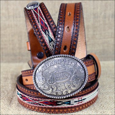 JUSTIN BOY'S TAN WESTERN LEATHER RIBBON BELT COWBOY