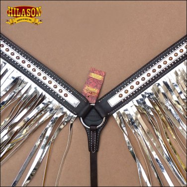 HILASON WESTERN LEATHER HORSE BREAST COLLAR BLACK W/ SILVER FRINGES