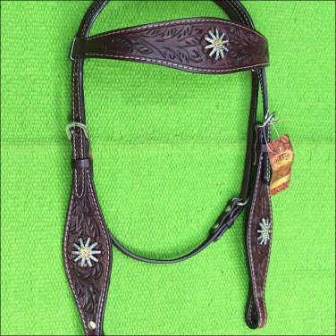 HILASON WESTERN LEATHER HORSE HEADSTALL BRIDLE BROWN W/ BLING SPUR CONCHO