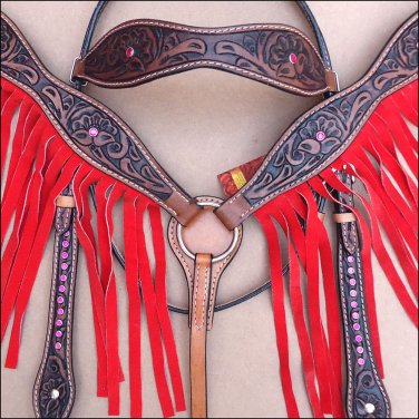 HILASON WESTERN LEATHER HORSE BREAST COLLAR HEADSTALL BROWN W/ RED FRINGES