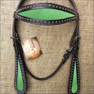 HILASON WESTERN LEATHER HORSE BRIDE HEADSTALL BLACK W/ LIME GREEN INLAY