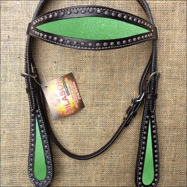 HILASON WESTERN LEATHER HORSE BRIDE HEADSTALL BLACK W/ LIME GREEN INLAY