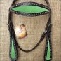 HILASON WESTERN LEATHER HORSE BRIDE HEADSTALL BLACK W/ LIME GREEN INLAY