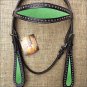 HILASON WESTERN LEATHER HORSE BRIDE HEADSTALL BLACK W/ LIME GREEN INLAY
