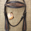 HILASON WESTERN LEATHER HORSE BRIDE HEADSTALL BLACK W/ GOLD INLAY