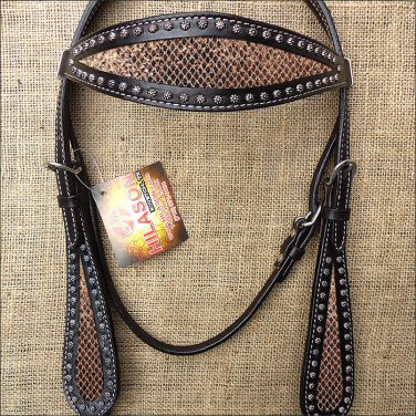 HILASON WESTERN LEATHER HORSE BRIDE HEADSTALL BLACK W/ GOLD INLAY