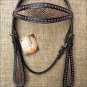 HILASON WESTERN LEATHER HORSE BRIDE HEADSTALL BLACK W/ GOLD INLAY