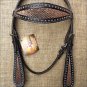 HILASON WESTERN LEATHER HORSE BRIDE HEADSTALL BLACK W/ GOLD INLAY