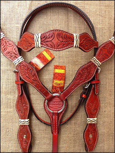 HILASON WESTERN LEATHER RAWHIDE BRAIDED HORSE HEADSTALL BREAST COLLAR MAHOGANY