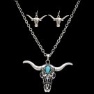 3D SILVER STRIKE TURQUOISE STEERHEAD NECKLACE SET WOMEN LADIES EARRINGS