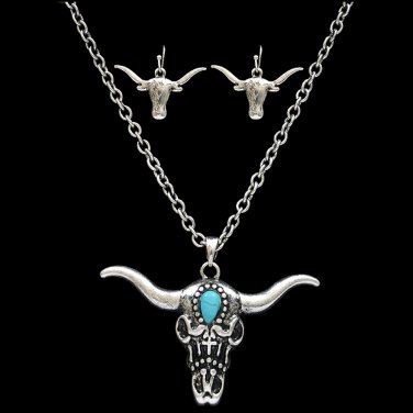 3D SILVER STRIKE TURQUOISE STEERHEAD NECKLACE SET WOMEN LADIES EARRINGS