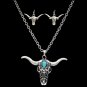 3D SILVER STRIKE TURQUOISE STEERHEAD NECKLACE SET WOMEN LADIES EARRINGS