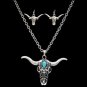 3D SILVER STRIKE TURQUOISE STEERHEAD NECKLACE SET WOMEN LADIES EARRINGS