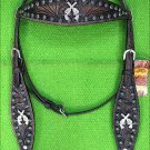 HILASON WESTERN LEATHER HORSE HEADSTALL BLACK CROSS GUN CONCHO