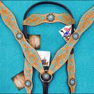 HILASON LEATHER HORSE BRIDLE HEADSTALL BREAST COLLAR WESTERN TURQUOISE W/ CONCHO