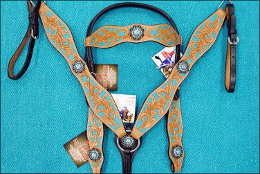 HILASON LEATHER HORSE BRIDLE HEADSTALL BREAST COLLAR WESTERN TURQUOISE W/ CONCHO