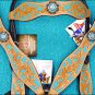 HILASON LEATHER HORSE BRIDLE HEADSTALL BREAST COLLAR WESTERN TURQUOISE W/ CONCHO