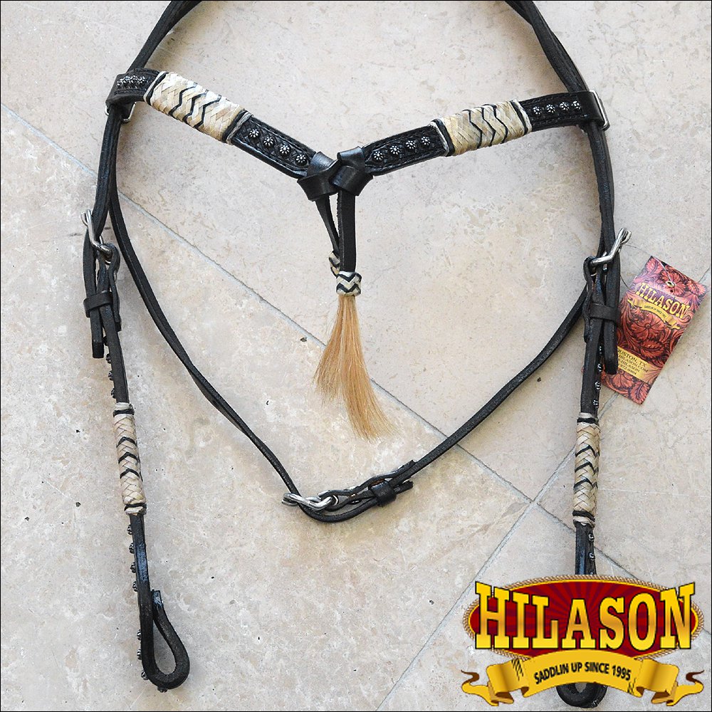 HILASON WESTERN LEATHER HORSE BRIDLE HEADSTALL BLACK RAWHIDE BRAIDED