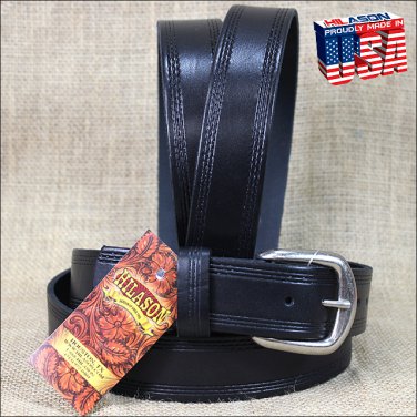 36IN. BLACK 1.5in CASUAL LEATHER BELT TRIPLE STITCHED EMBOSSED BORDER MADE IN US