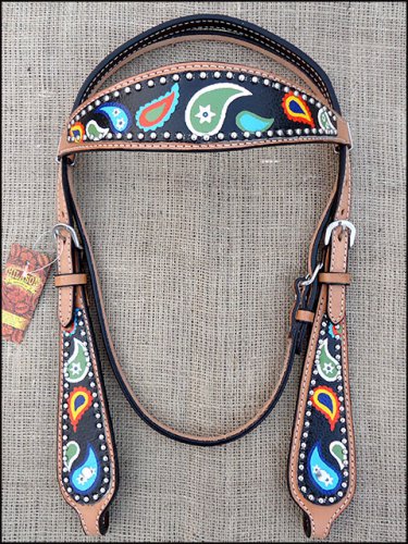 HILASON WESTERN LEATHER HORSE BRIDLE HEADSTALL HAND PAINT PAISLEY