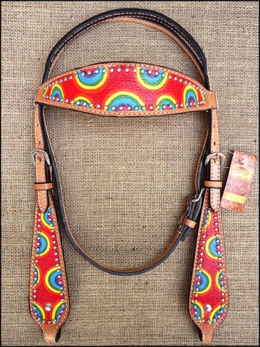F95 HILASON WESTERN LEATHER HORSE BRIDLE HEADSTALL RAINBOW TIE