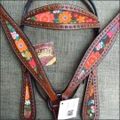 HILASON WESTERN LEATHER HORSE HEADSTALL BREAST COLLAR MAHOGANY W/ FLORAL INLAY