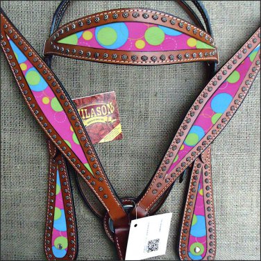 HILASON WESTERN LEATHER HORSE HEADSTALL BREAST COLLAR MAHOGANY W/ BUBBLES INLAY