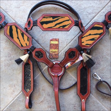 HILASON WESTERN LEATHER HORSE HEADSTALL BREAST COLLAR MAHOGANY W/ TIGER INLAY