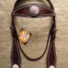 HILASON WESTERN LEATHER HORSE BRIDLE HEADSTALL BROWN PINK FLORAL CONCHO