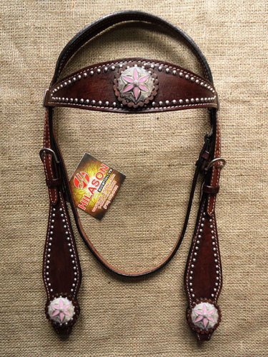 HILASON WESTERN LEATHER HORSE BRIDLE HEADSTALL BROWN PINK FLORAL CONCHO
