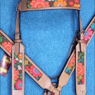 HILASON WESTERN LEATHER HORSE HEADSTALL BREAST COLLAR TAN W/ FLORAL INLAY