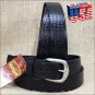 30IN. BLACK 1.5in CASUAL LEATHER BELT EMBOSSED BASKET DESIGN MADE IN USA