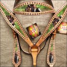 HILASON WESTERN LEATHER HORSE HEADSTALL BREAST COLLAR PAINTED PORTRAIT TAN
