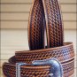 36in. JUSTIN TOOLED WESTERN LEATHER MEN BELT BROWN W/ SILVER ENGRAVED BUCKLE