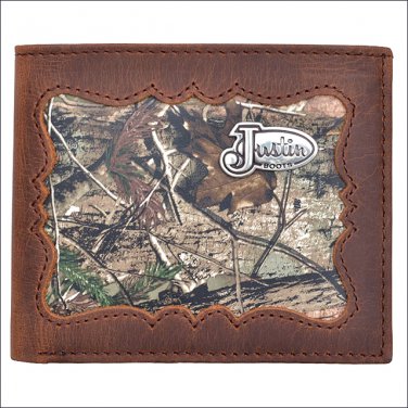 JUSTIN BROWN DISTRESSED CAMO LEATHER SHELL INLAY WESTERN BIFOLD MENS WALLET