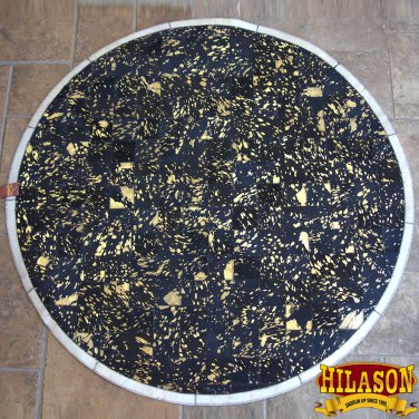 HR142-F HILASON HOME DECOR COWHIIDE HAIR ON LEATHER PATCHWORK ROUND RUGS CARPET