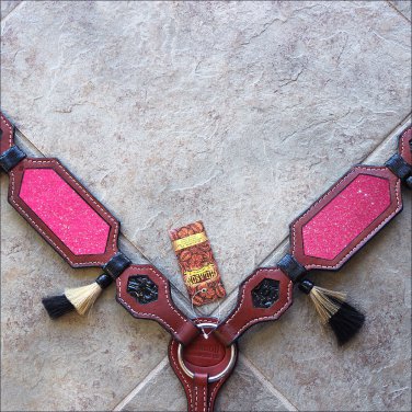 HILASON WESTERN LEATHER HORSE BREAST COLLAR MAHOGANY PINK INLAY