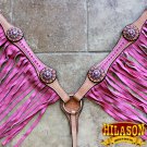 HILASON WESTERN LEATHER BREAST COLLAR TAN W/ PINK FRINGES BLING BERRY CONCHO
