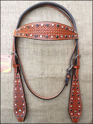 S257 HILASON WESTERN LEATHER HORSE BRIDLE HEADSTALL DARK OIL W/ RHINESTONES